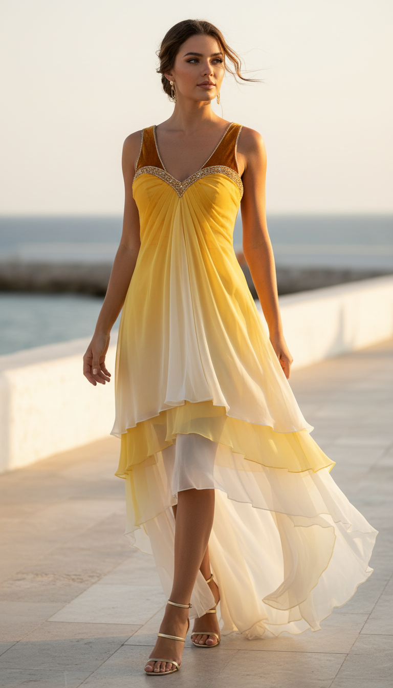 Abito chiffon giallo corto davanti e lungo dietro